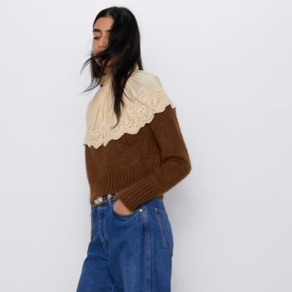 NWT Zara Contrasting Embroidered Sweater Brown S M - Picture 6 of 9